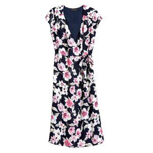 NWT Women Petite Size 8 8P Banana Republic Navy Blue True Wrap Floral Midi Dress